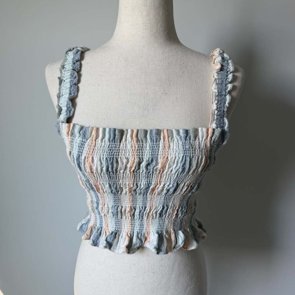 ASTR the Label Twiggy Striped Smocked Ruffle Crop Tank Top